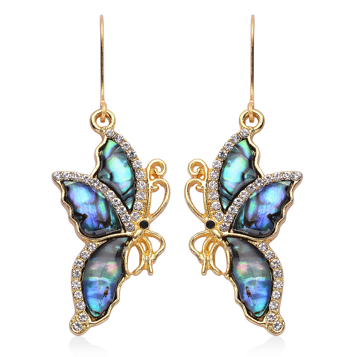 Abalone Shell, Black and White Austrian Crystal Butterfly Earrings in Goldtone