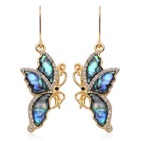 Abalone Shell, Black and White Austrian Crystal Butterfly Earrings in Goldtone