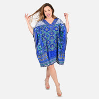 TLV TAMSY Blue Floral Screen Printed Kaftan - One Size Fits Most