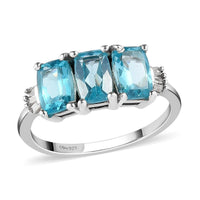 Madagascar Paraiba Apatite and Diamond 3 Stone Ring in Platinum Over Sterling Silver (Size 10.0) 1.85 ctw