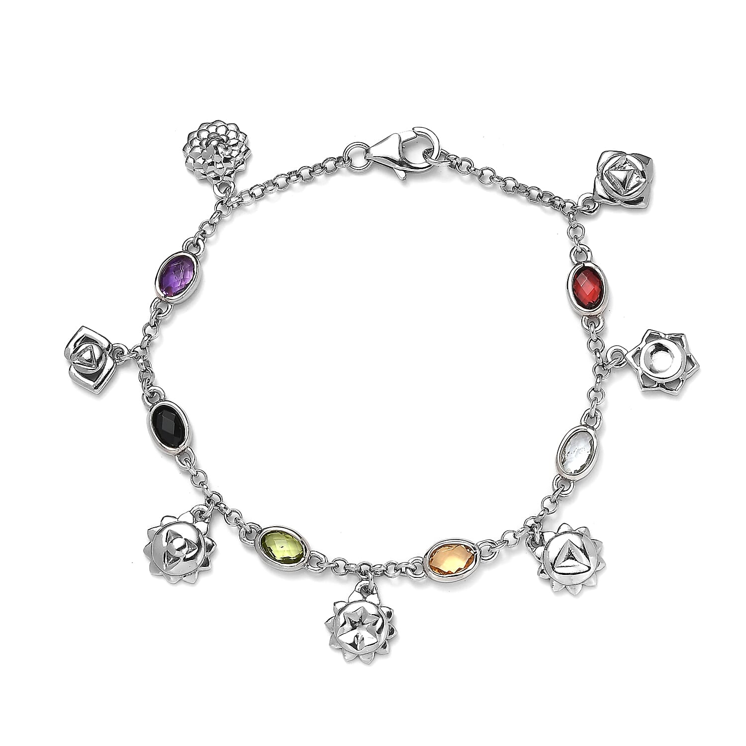 Multi Gemstone Chakra Charm Bracelet in Platinum Over Sterling Silver (7.25 In) 3.15 ctw