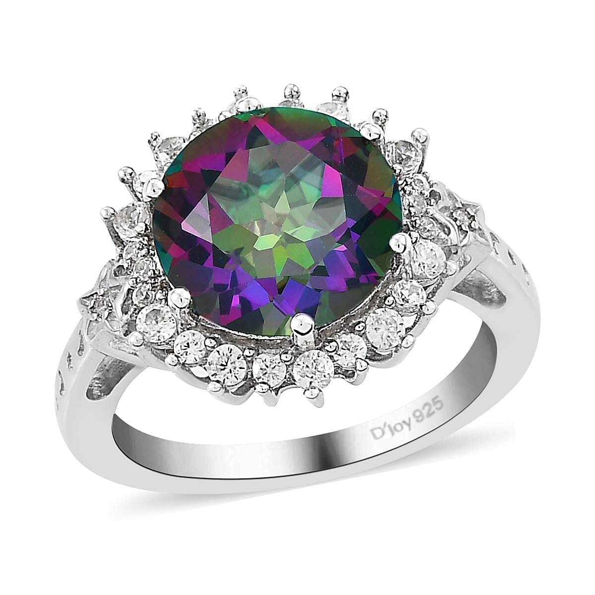 Northern Lights Mystic Topaz and Natural White Zircon Halo Ring in Platinum Over Sterling Silver (Size 7.0) 6.50 ctw