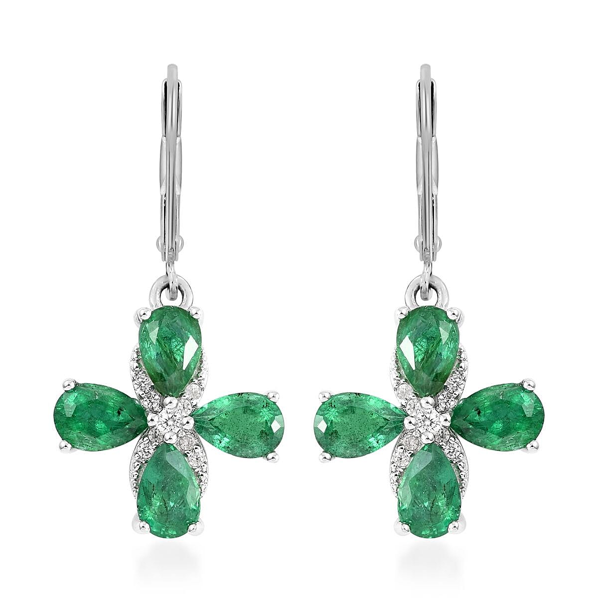 AAA Kagem Emerald and White Zircon Lever Back Earrings in Rhodium Over Sterling Silver 3.00 ctw