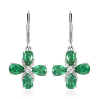 AAA Kagem Emerald and White Zircon Lever Back Earrings in Rhodium Over Sterling Silver 3.00 ctw