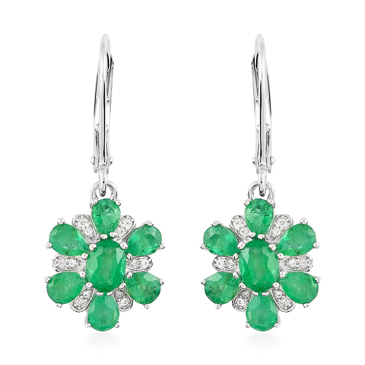 AAA Kagem Emerald and Natural White Zircon Flower Earrings in Rhodium Over Sterling Silver 2.50 ctw