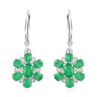AAA Kagem Emerald and Natural White Zircon Flower Earrings in Rhodium Over Sterling Silver 2.50 ctw