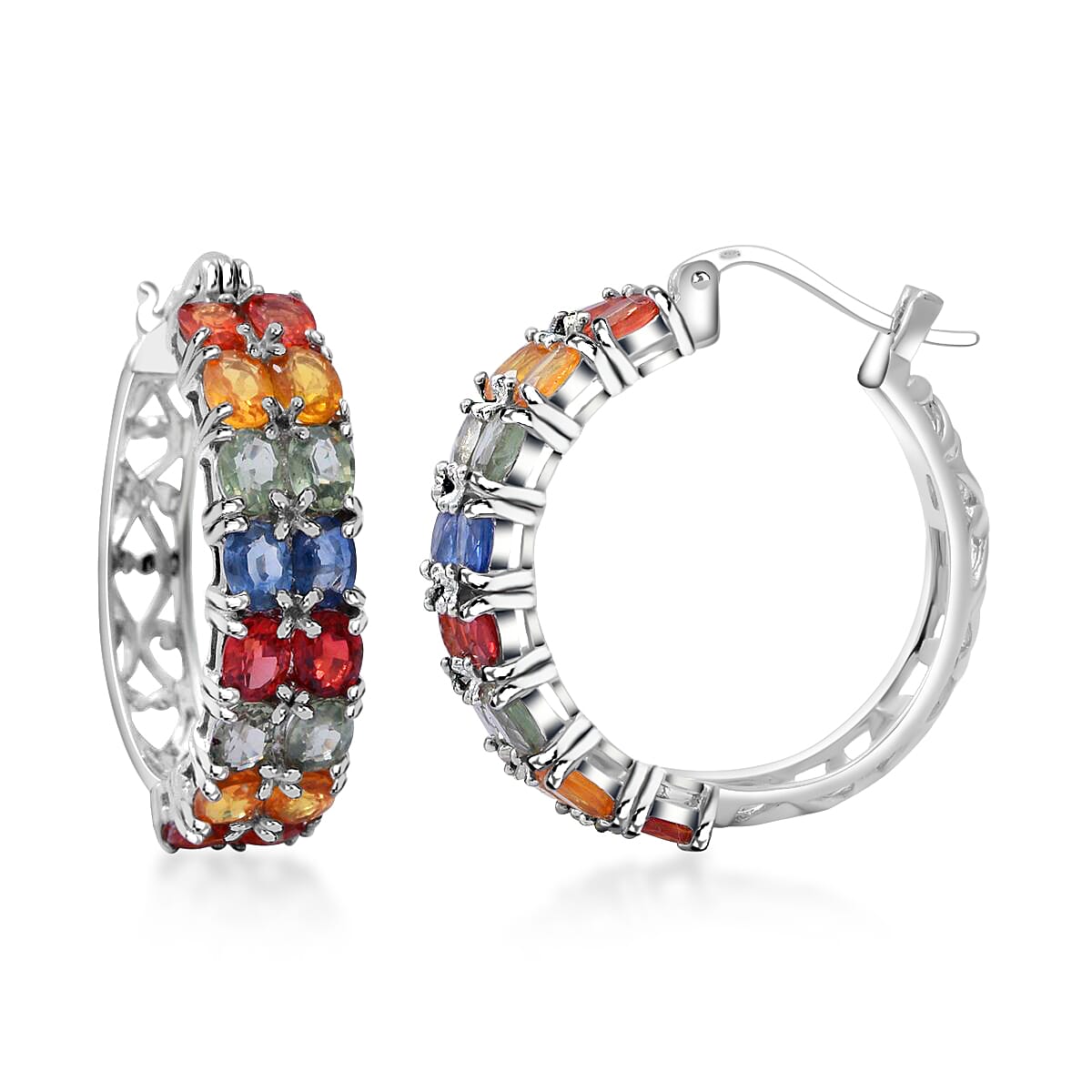 Multi Sapphire Hoop Earrings in Platinum Over Sterling Silver 7.65 ctw