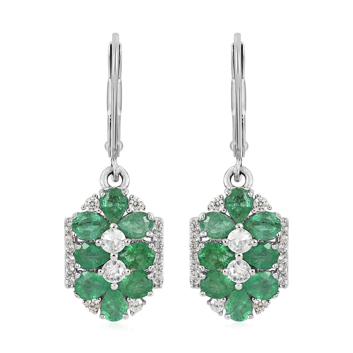 AAA Kagem Emerald and White Zircon Dangle Earrings in Rhodium Over Sterling Silver 3.10 ctw