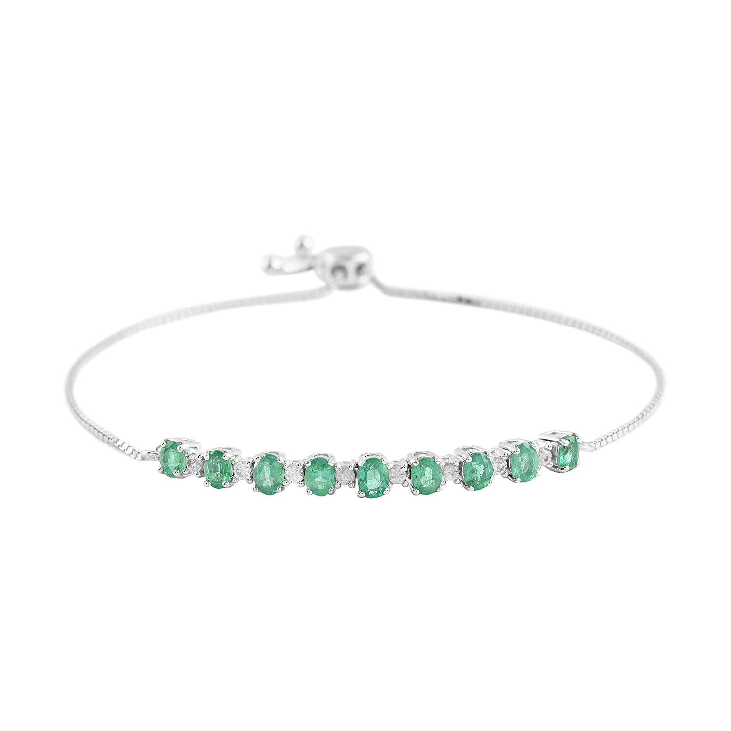 AAA Kagem Emerald and Natural White Zircon Line Bolo Bracelet in Rhodium Over Sterling Silver 1.85 ctw