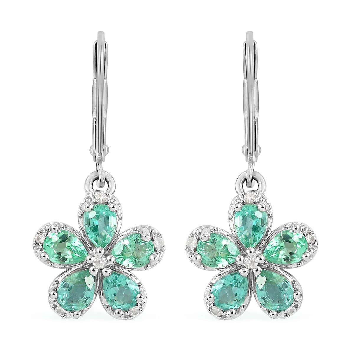 AAA Kagem Emerald and Natural White Zircon Flower Earrings in Rhodium Over Sterling Silver 1.40 ctw