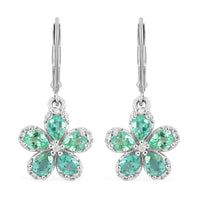 AAA Kagem Emerald and Natural White Zircon Flower Earrings in Rhodium Over Sterling Silver 1.40 ctw