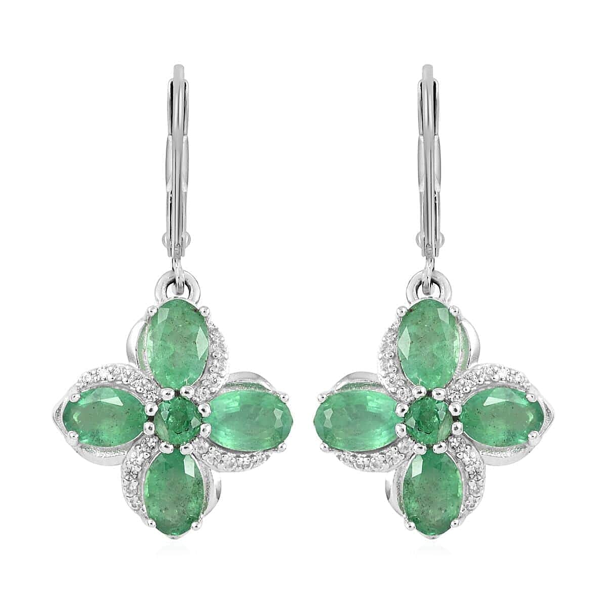 AAA Kagem Emerald and White Zircon Lever Back Earrings in Rhodium Over Sterling Silver 4.00 ctw