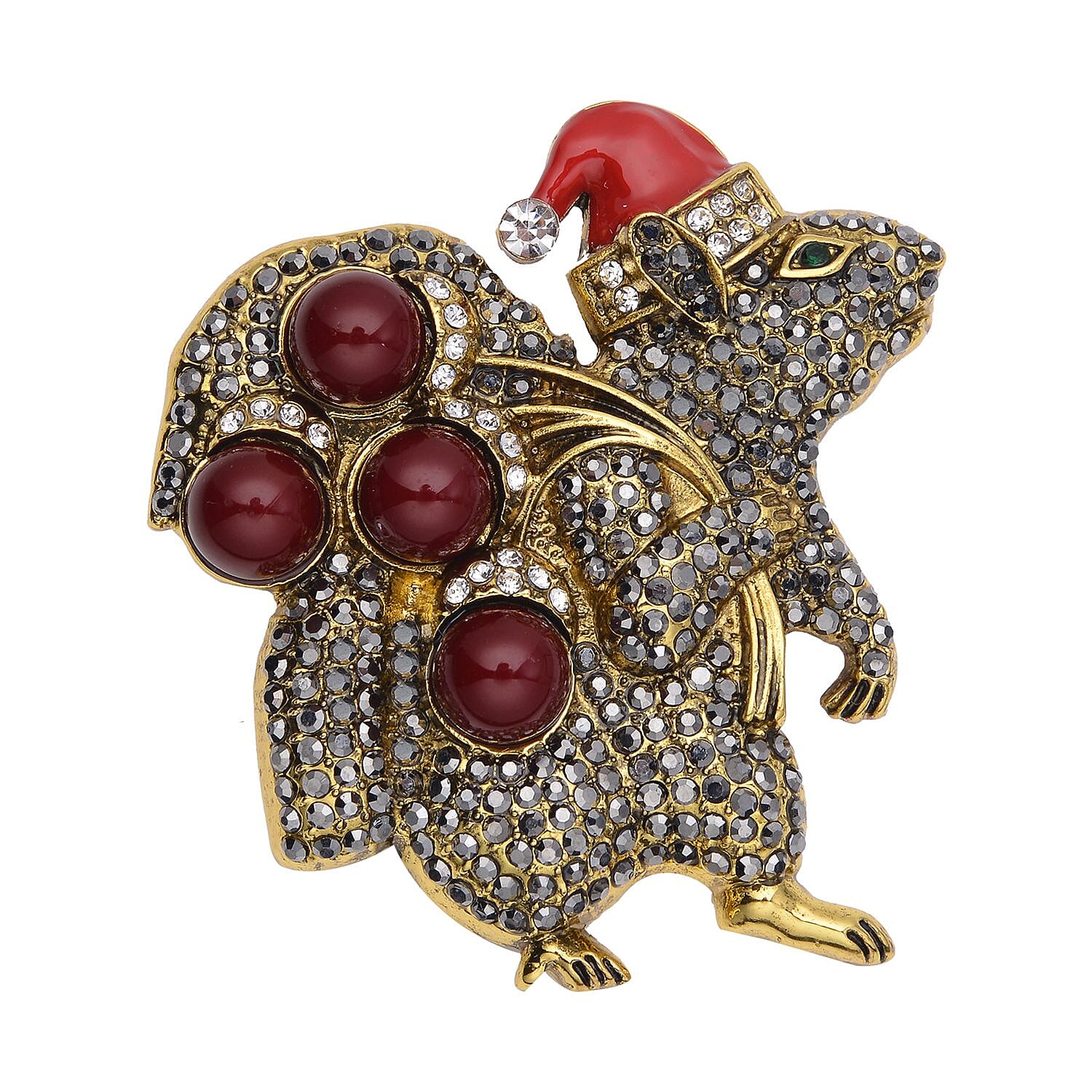 Simulated Red Color Resin, Multi Color Austrian Crystal, Red Enameled Santa Cap Brooch in Goldtone