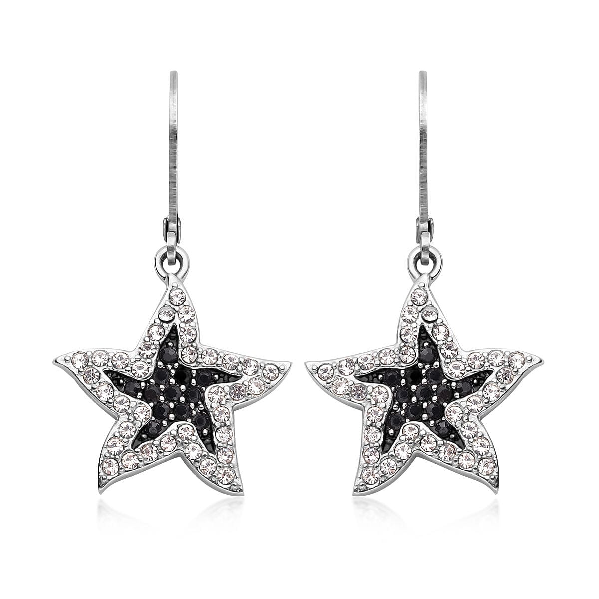 Black & White Austrian Crystal Starfish Earrings in Stainless Steel