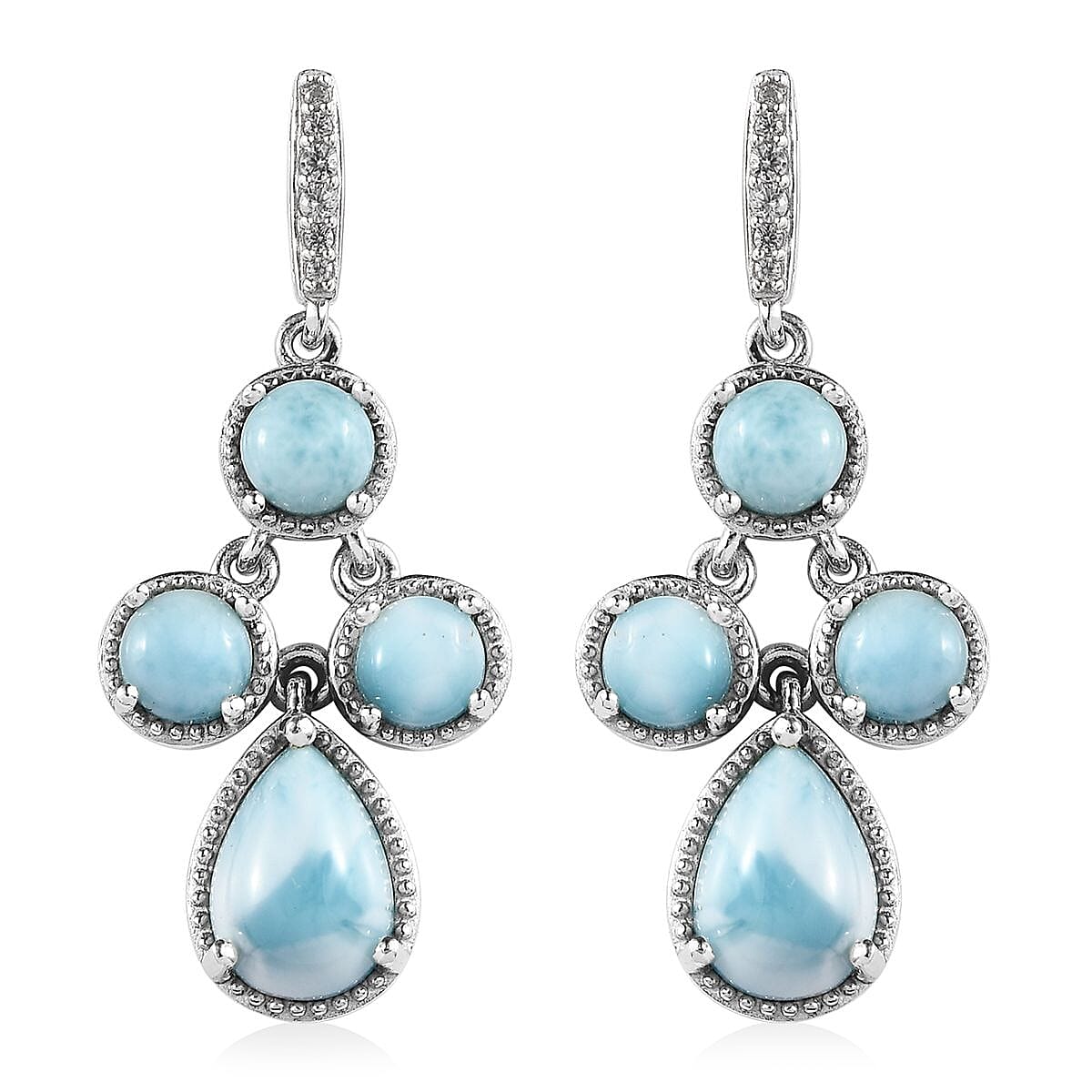 Larimar and White Zircon Dangle Earrings in Platinum Over Sterling Silver 8.75 ctw