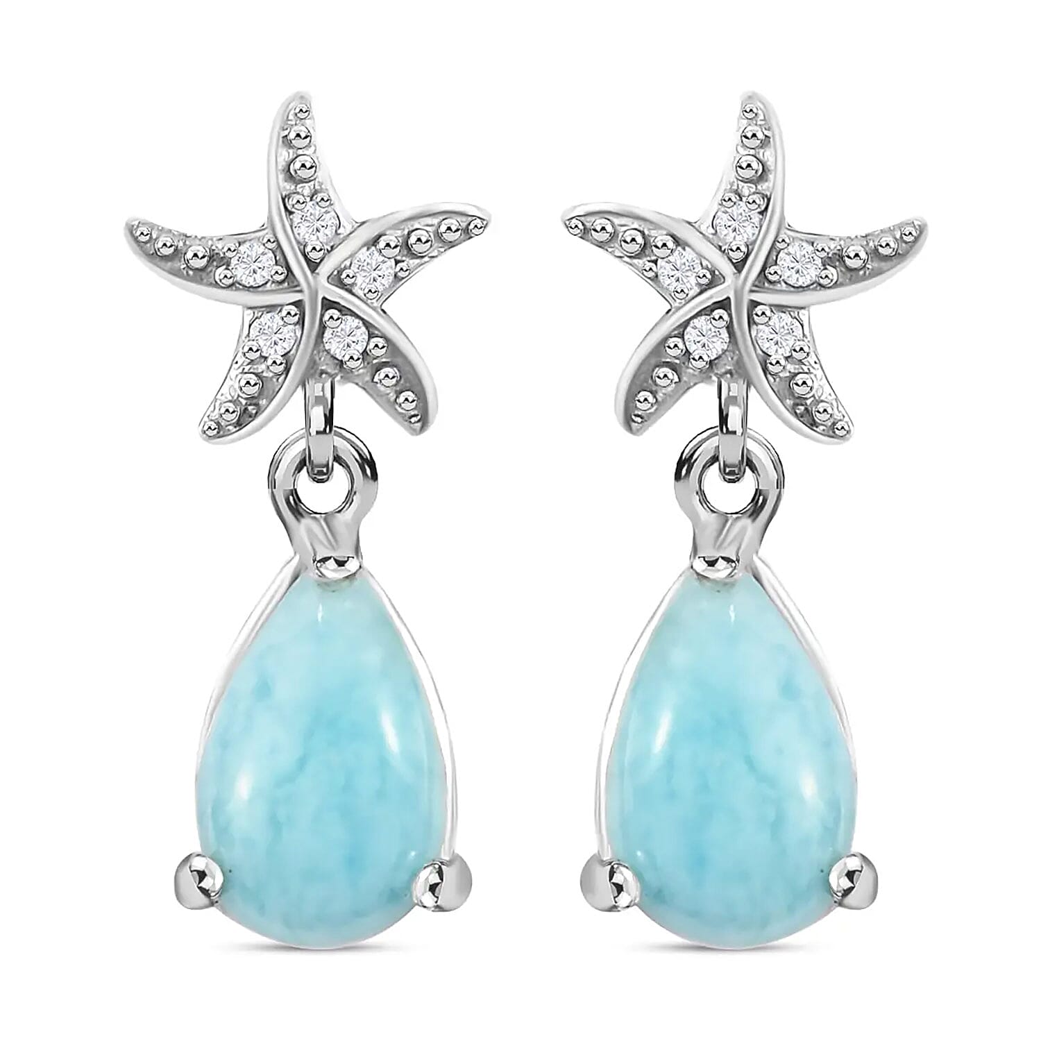 Larimar and White Zircon 2.10 ctw Dangle Drop Earrings, White Zircon Dangle Earrings, Starfish Earrings For Women