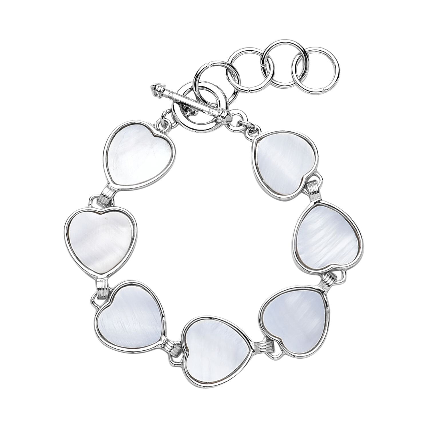 White Shell Heart Shaped Link Bracelet in Silvertone (7-9In)