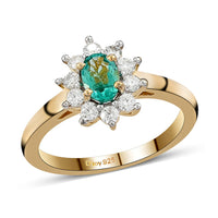 AAA Kagem Zambian Emerald and Moissanite Sunburst Ring in Vermeil Yellow Gold Over Sterling Silver (Size 6.0) 0.85 ctw