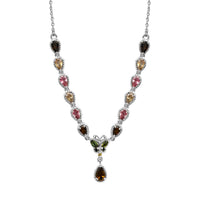 Multi-Tourmaline, Green and Yellow Diamond Necklace 18 Inches in Platinum Over Sterling Silver 7.85 Grams 2.90 ctw