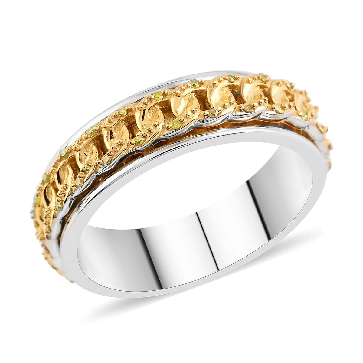 Yellow Diamond Spinner Band Ring in Rhodium & Platinum Over Sterling Silver (Size 7.0) 0.20 ctw
