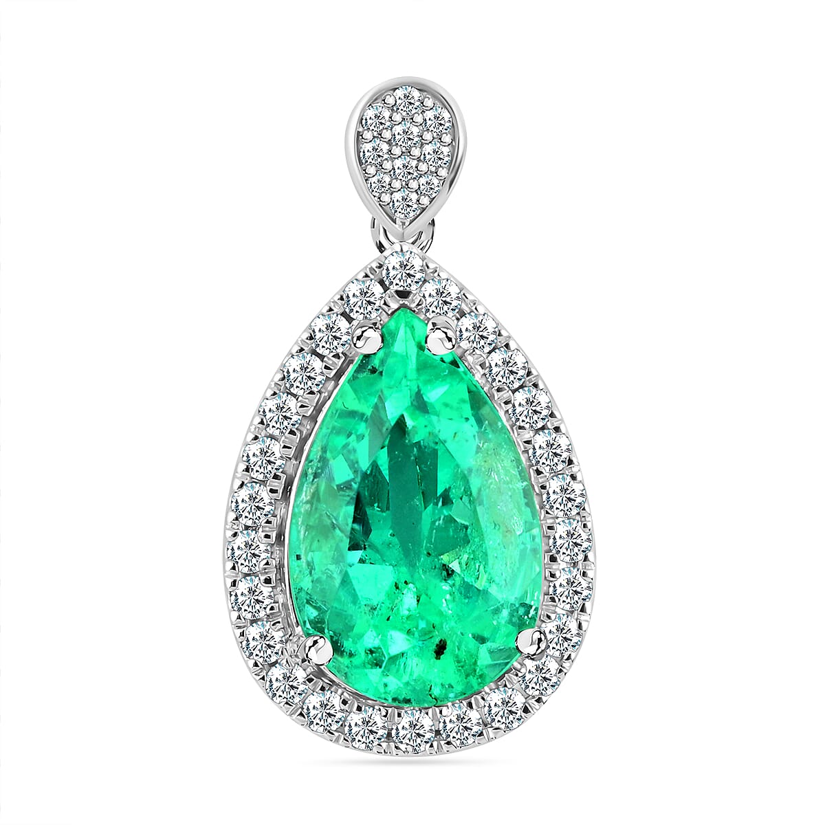 Certified and Appraised Rhapsody 950 Platinum AAAA Boyaca Colombian Emerald and E-F VS Diamond Pendant 4.80 Grams 4.60 ctw