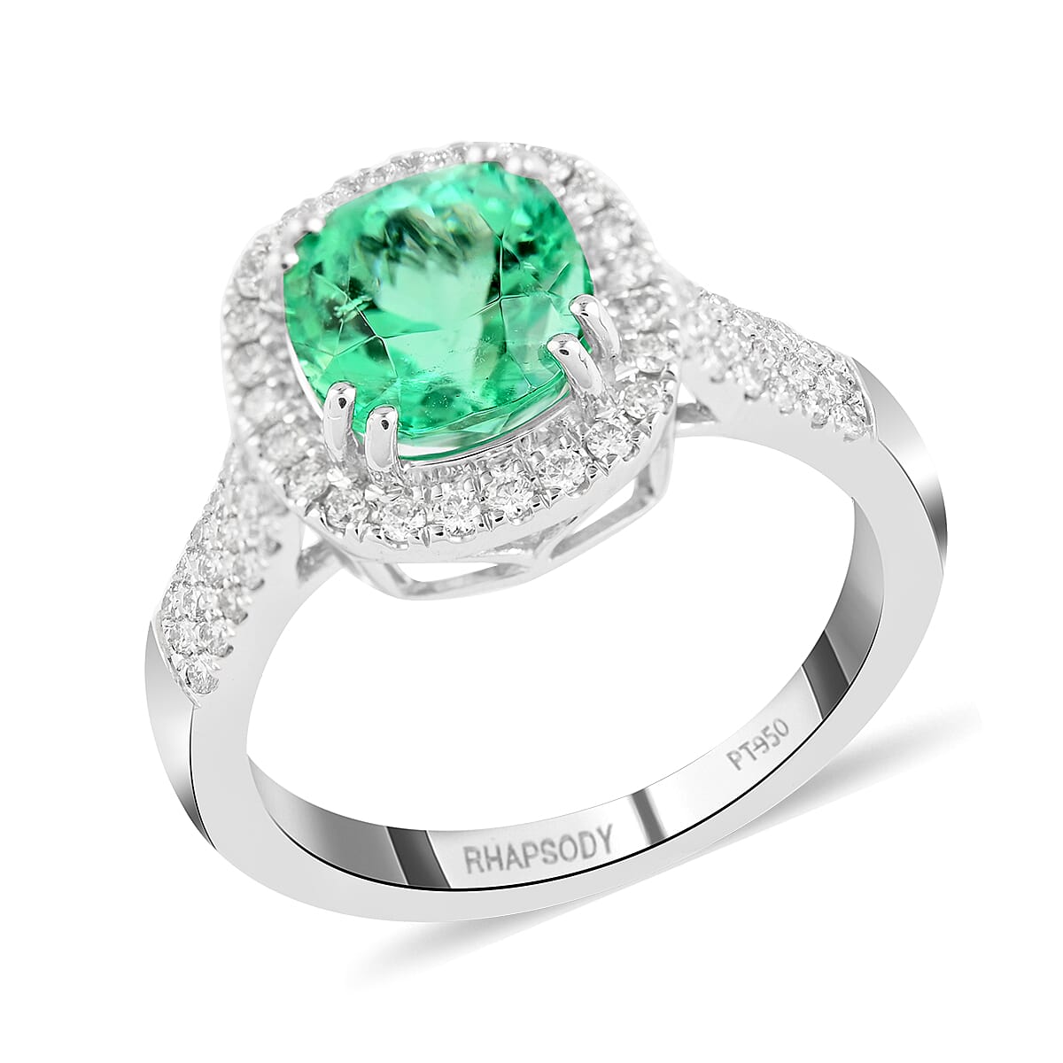 Certified and Appraised RHAPSODY 950 Platinum AAAA Boyaca Colombian Emerald and E-F VS Diamond Halo Ring (Size 6.0) 6.90 Grams 2.60 ctw
