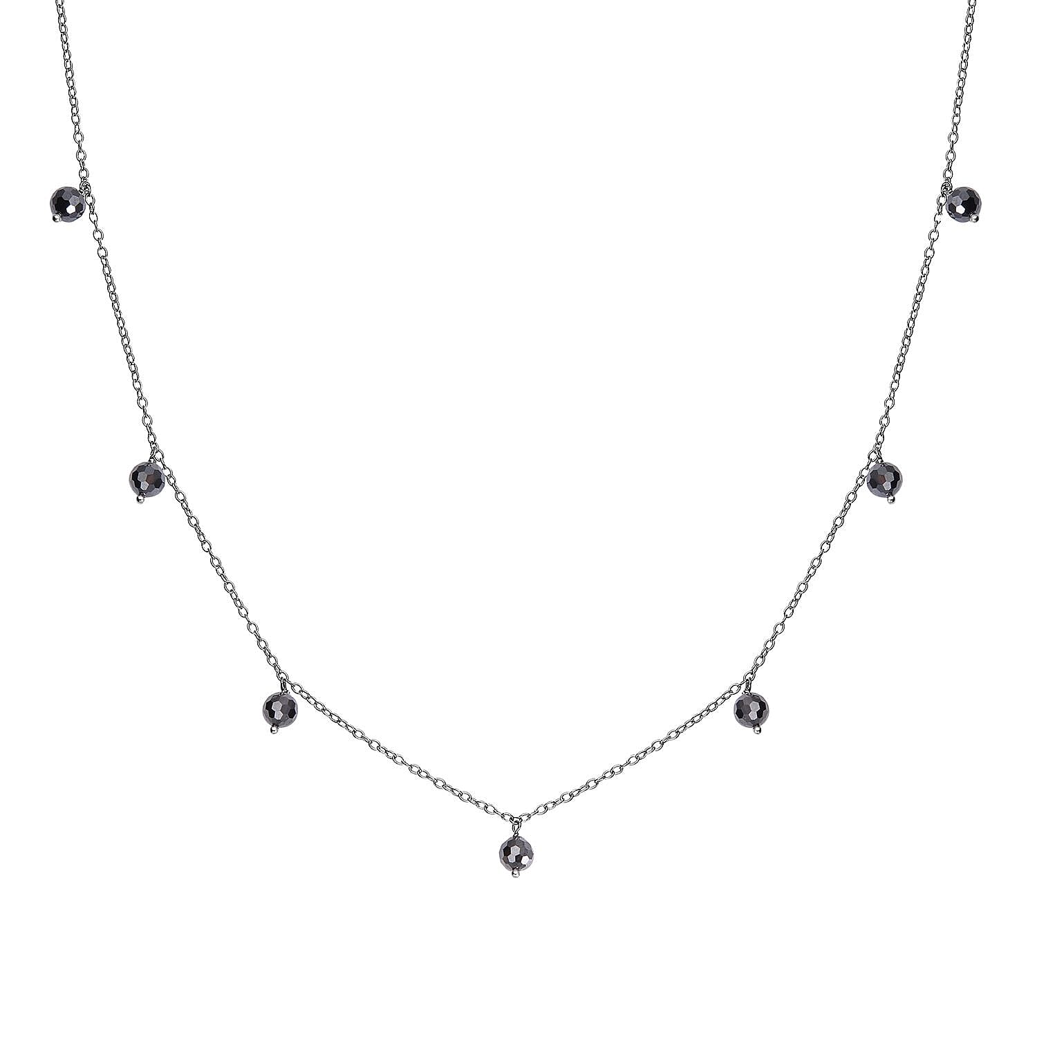 Black Moissanite Beaded Station Necklace in Rhodium Over Sterling Silver 20-22 Inches 7.65 ctw