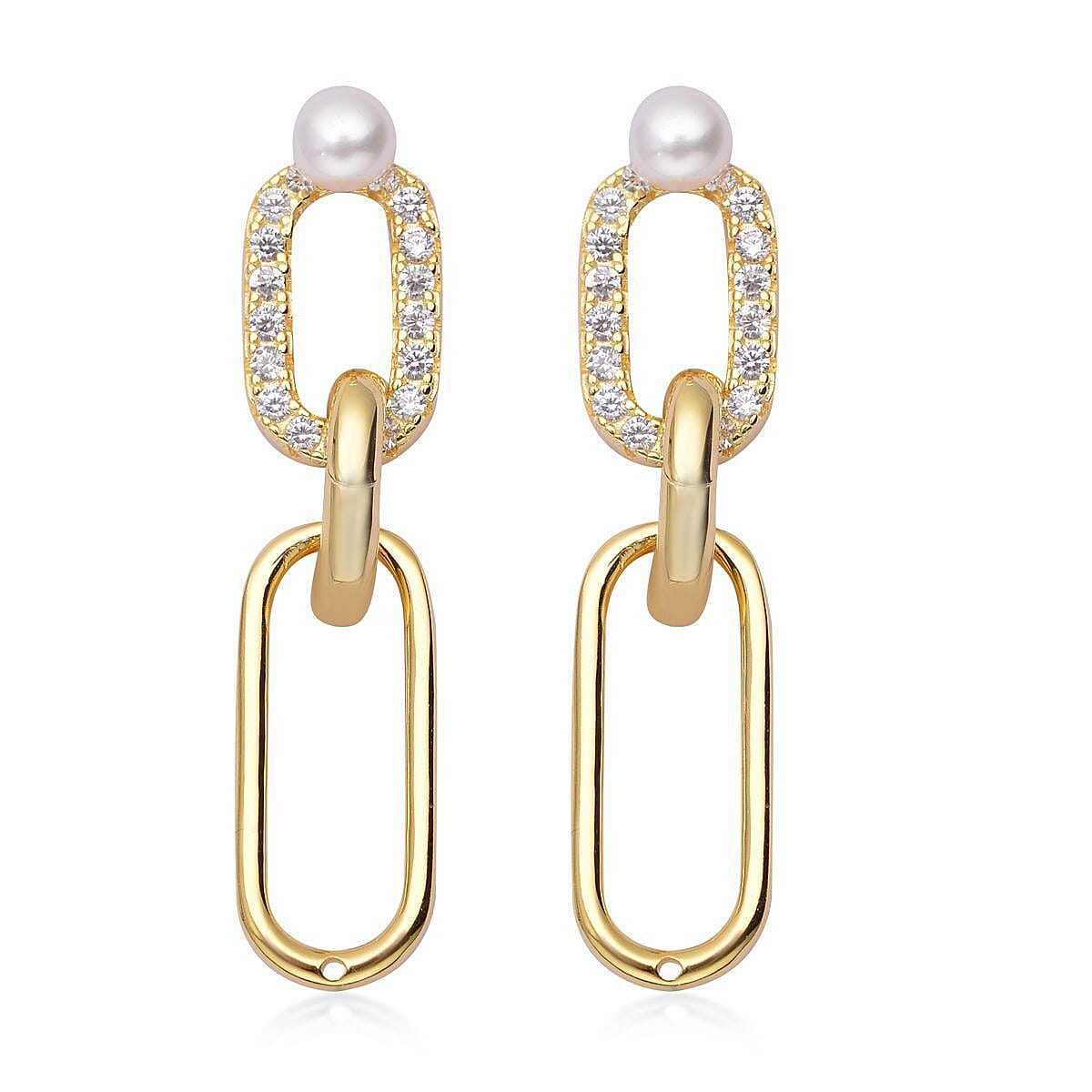 Freshwater Pearl and Simulated Diamond Paper Clip Link Earrings in Rhodium Over Sterling Silver 1.75 ctw