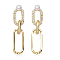 Freshwater Pearl and Simulated Diamond Paper Clip Link Earrings in Rhodium Over Sterling Silver 1.75 ctw