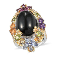 Indian Black Star Diopside and Multi Gemstone Ring in Vermeil YG and Platinum Over Sterling Silver (Size 10.0) 7.75 Grams 20.35 ctw
