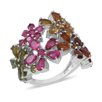 Multi-Tourmaline Floral Ring in Platinum Over Sterling Silver (Size 10.0) 5.75 ctw
