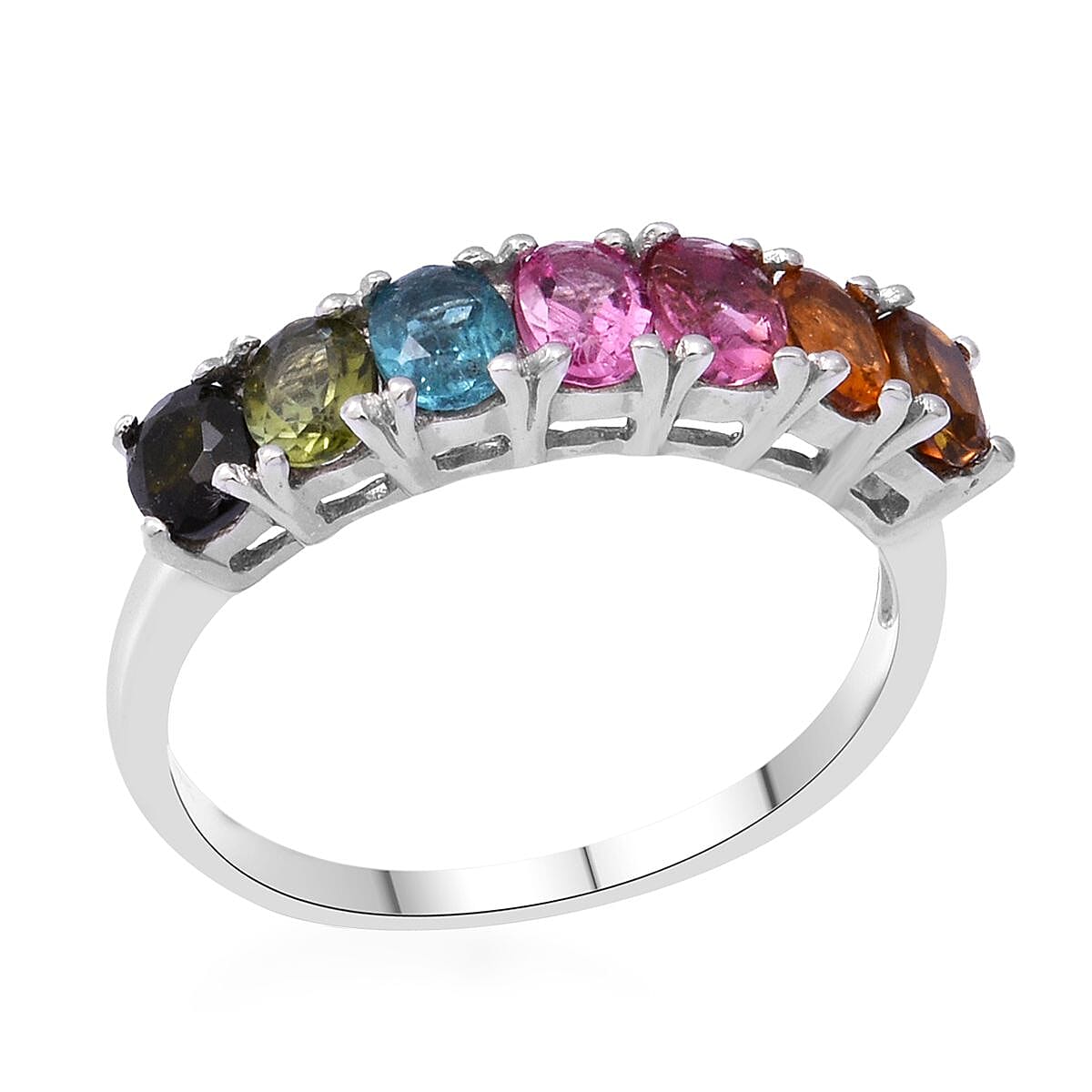 Multi-Tourmaline 7 Stone Ring in Platinum Over Sterling Silver 1.25 ctw