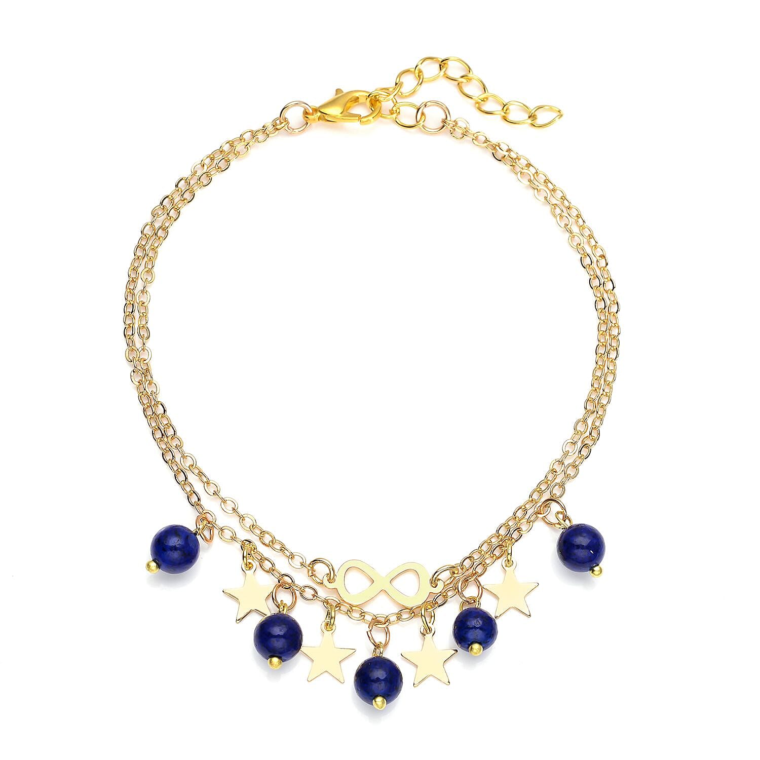 Lapis Lazuli Dual Row Anklet with Star Charm in Goldtone (8-11In) 10.00 ctw