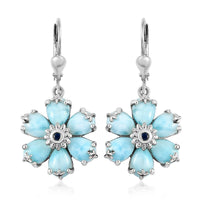 Larimar and Kanchanaburi Blue Sapphire Floral Earrings in Platinum Over Sterling Silver 10.15 ctw