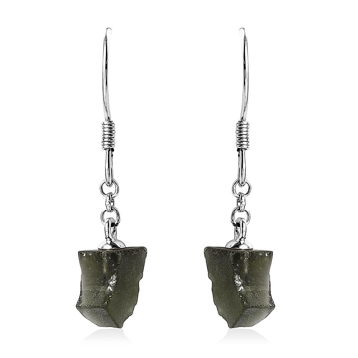 Artisan Crafted Rough Cut Bohemian Moldavite Fancy Earrings in Sterling Silver 4.85 ctw