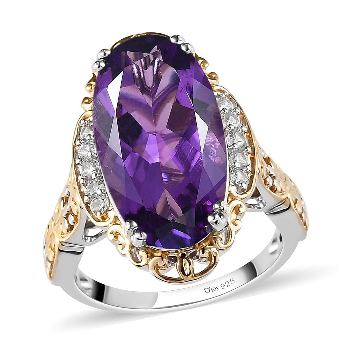Lusaka Amethyst and Natural White Zircon Ring in Vermeil Yellow Gold and Platinum Over Sterling Silver 9.35 ctw