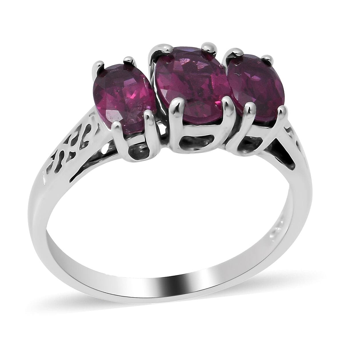 Orissa Rhodolite Garnet 3 Stone Ring in Platinum Over Sterling Silver 2.00 ctw