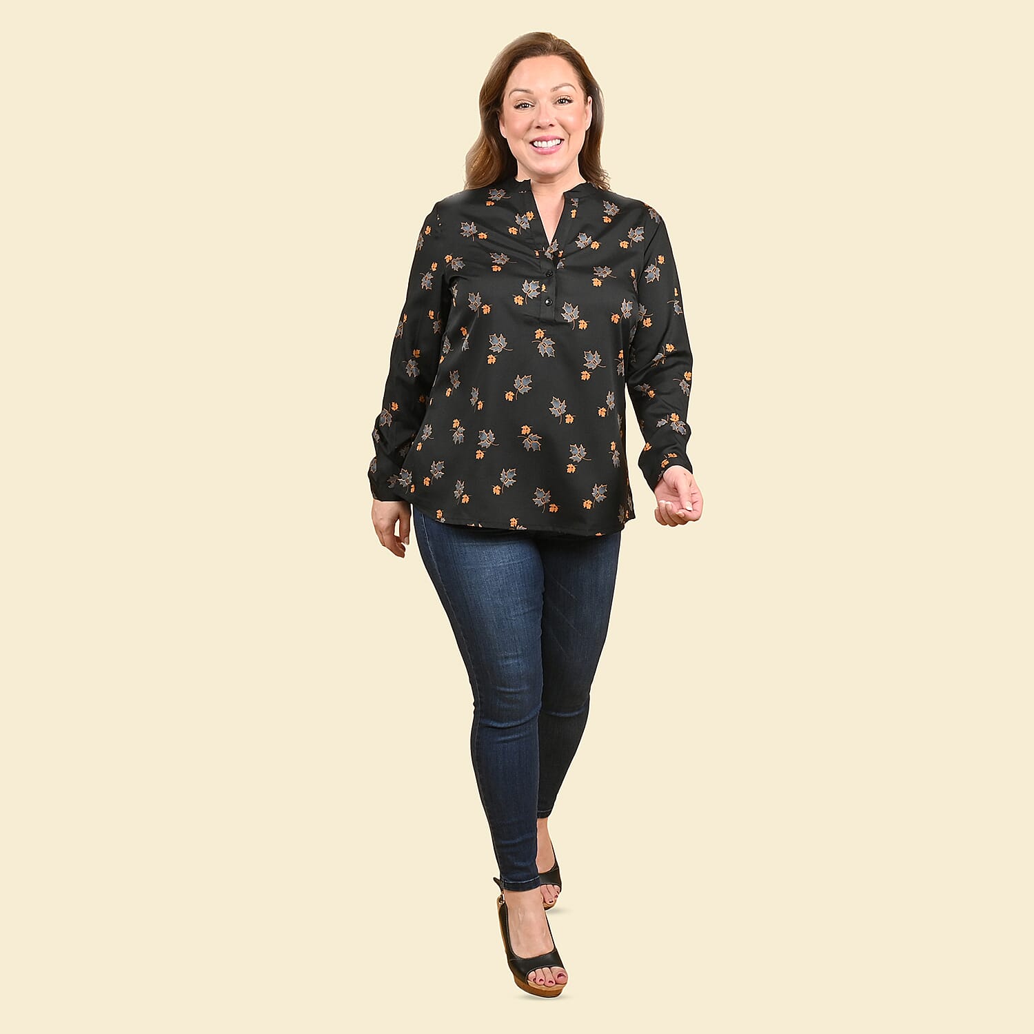 TAMSY Black Woven American Crepe Button Up Top -L