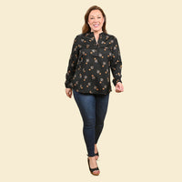 TAMSY Black Woven American Crepe Button Up Top -L