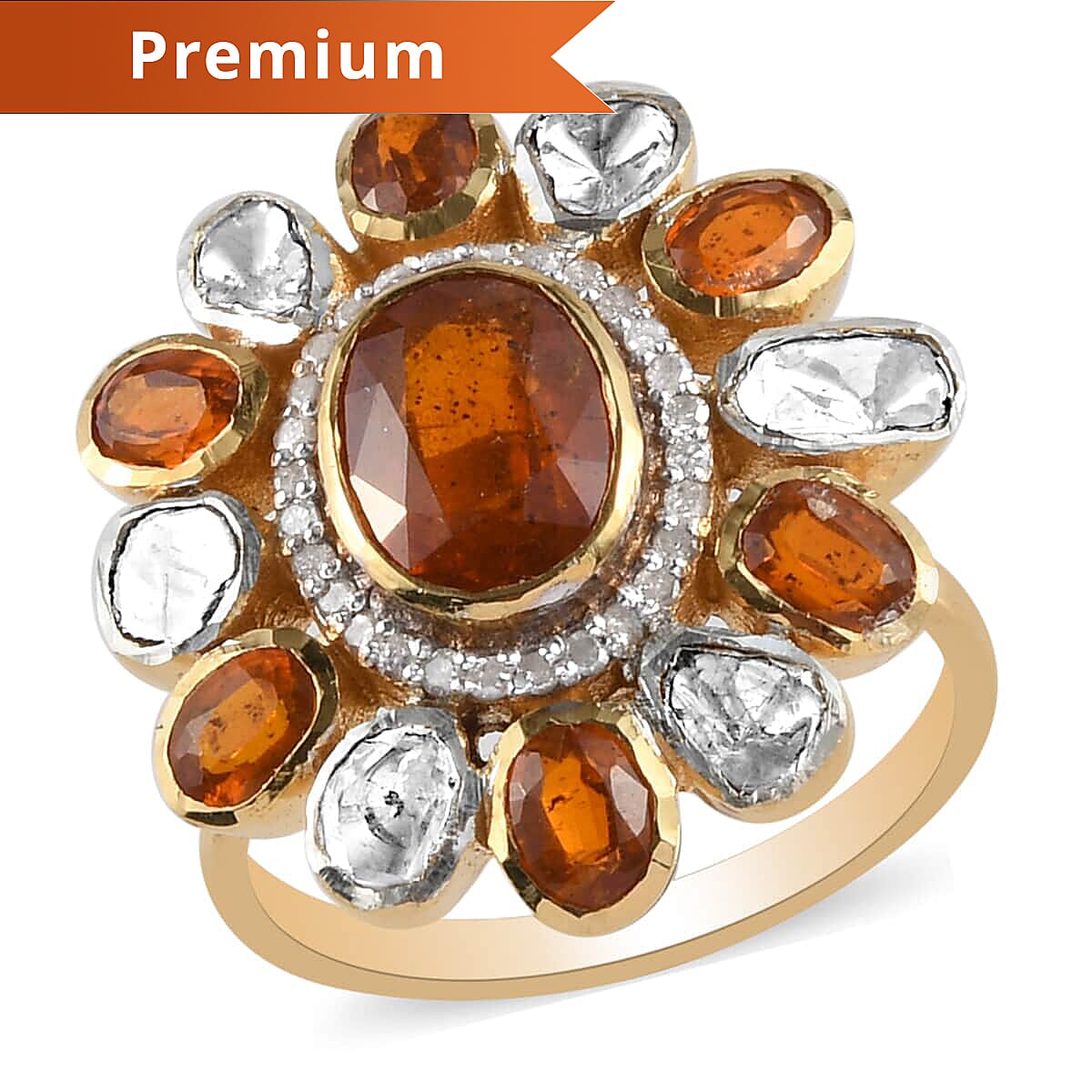 Natural Tanzania Tangerine Kyanite, Diamond (0.55 cts) Floral Ring in YG Over Sterling Silver 3.40 ctw (1)