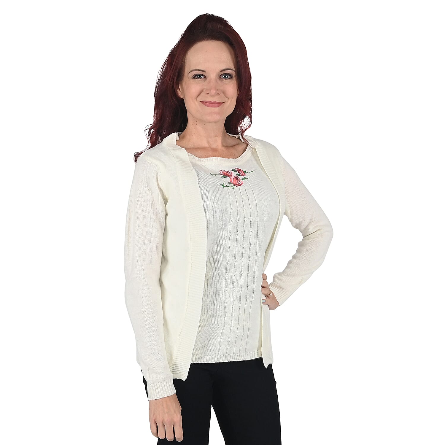NY DESIGNER SWEATER CLOSEOUT - EVELYN TAYLOR Mock 2-in-1 Twin Set Sweater in Ivory - Size XL