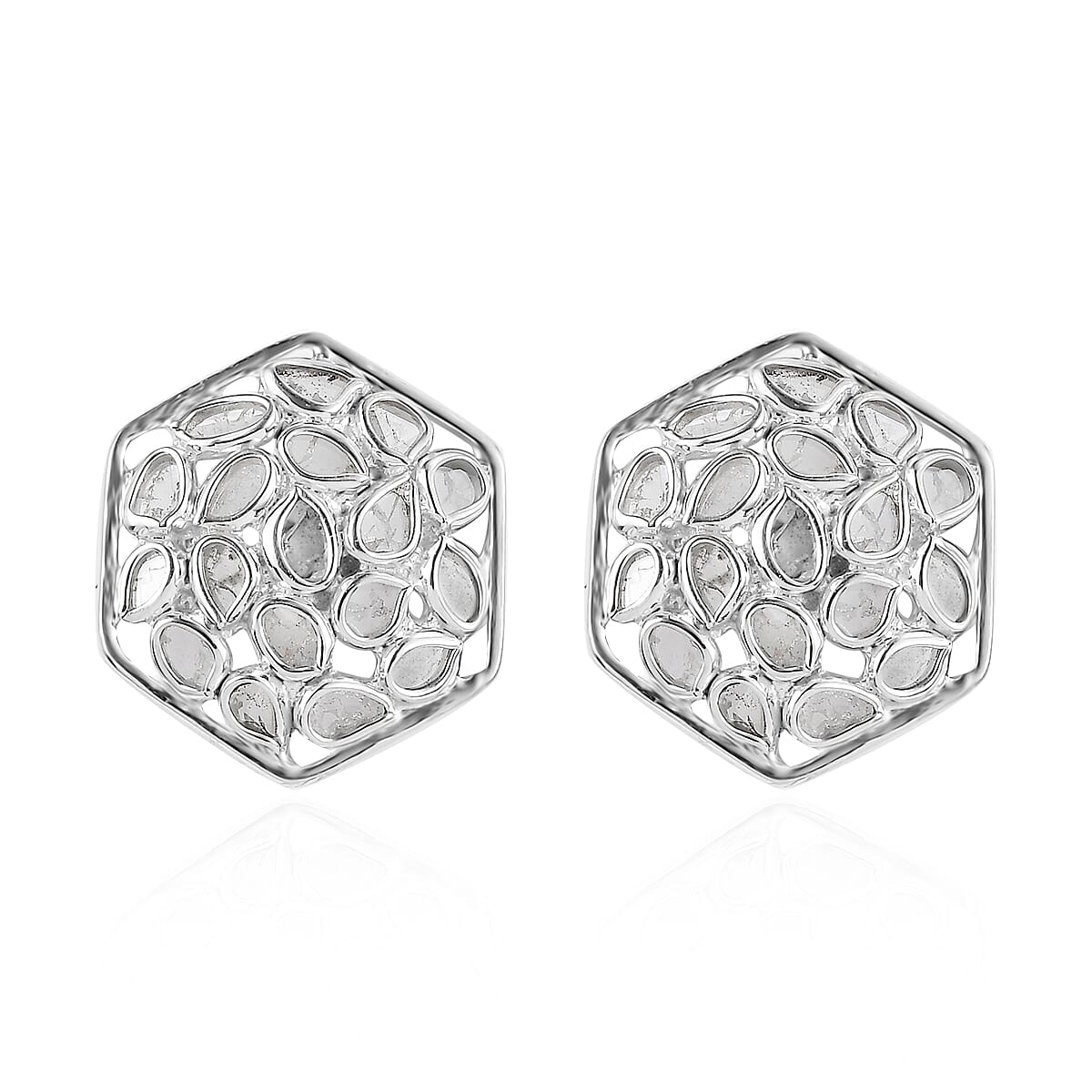 Artisan Crafted Polki Diamond Stud Earrings in Platinum Over Sterling Silver 1.00 ctw