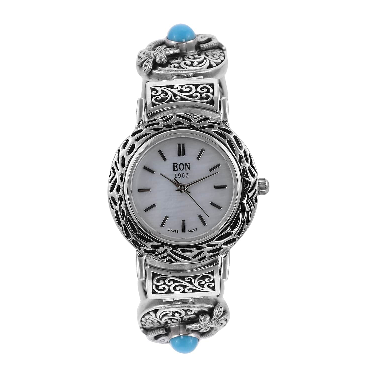 BALI LEGACY EON 1962 AMERICAN Natural Sleeping Beauty Turquoise Swiss Movement Bracelet Watch in Sterling Silver (7.50 In) 34.50 Grams 3.90 ctw