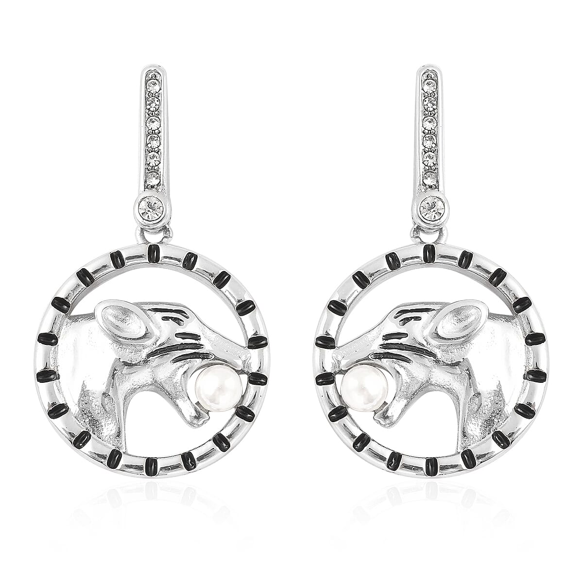White Shell Pearl and Austrian Crystal Enameled Leopard Earrings in Stainless Steel