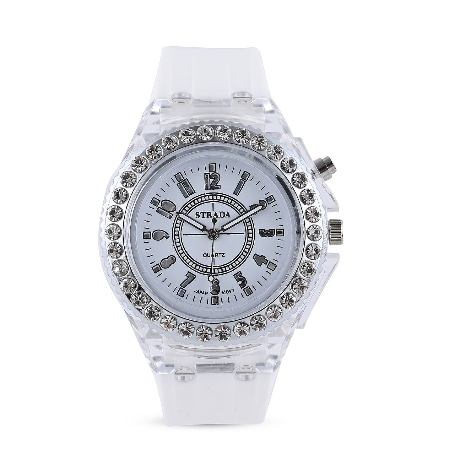 STRADA Austrian Crystal Japanese Movement Watch with White Silicone Strap (25.40 mm) (6.0-7.75 Inches)
