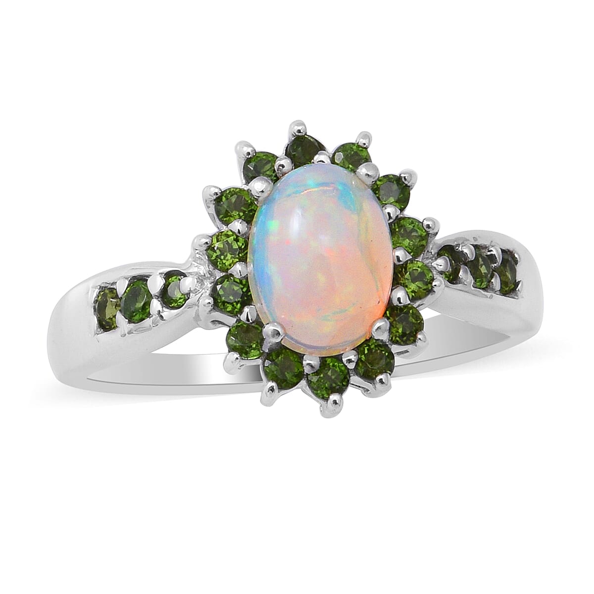 Ethiopian Welo Opal and Natural Chrome Diopside Cocktail Ring in Platinum Over Sterling Silver 1.40 ctw