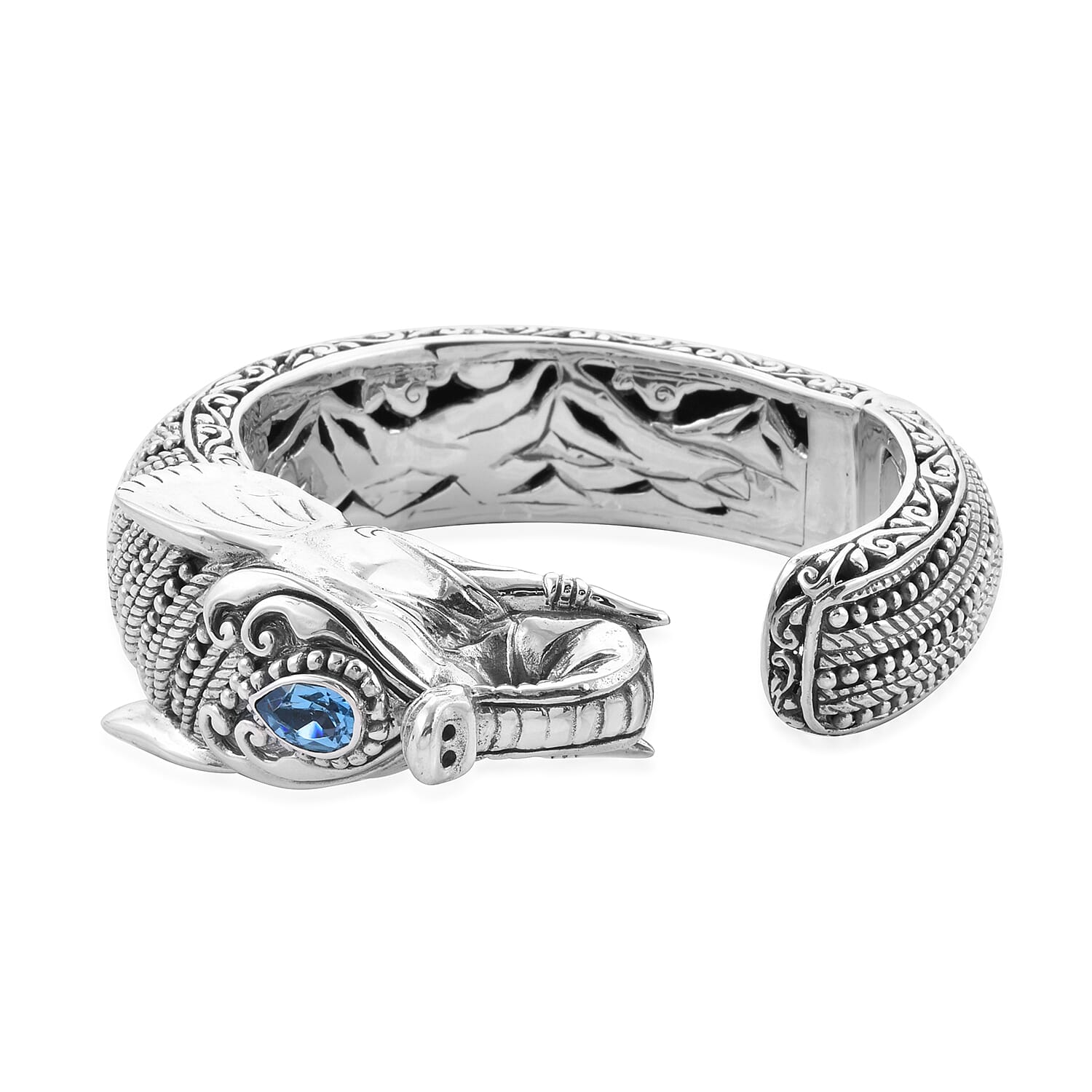 BALI LEGACY Blue Topaz and Natural Thai Black Spinel Elephant Cuff Bracelet in Sterling Silver (7.50 In) 102.25 Grams 2.00 ctw