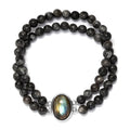 Malagasy Labradorite and African Malachite Double Row Beaded Stretch Bracelet in Stainless Steel 112.00 ctw - Sticky add to cart bar