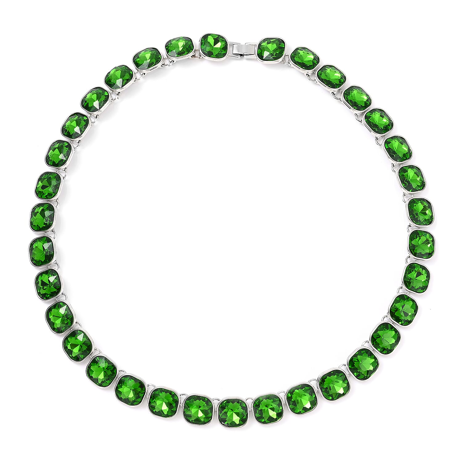 Simulated Green Emerald Tennis Necklace 20 Inches in Silvertone
