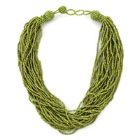 Green Seed Bead Glass Multi Strand Necklace in Silvertone